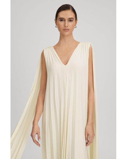 Reiss Natural Pleated Cape Sleeve Midi Dress