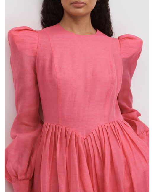 LEO LIN Pink Leo Silk-Linen Bishop Sleeve Midi Dress