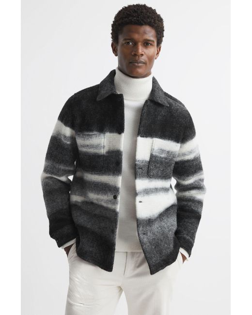 Reiss Gray Leo - Black/white Brushed Wool Blend Overshirt, L for men