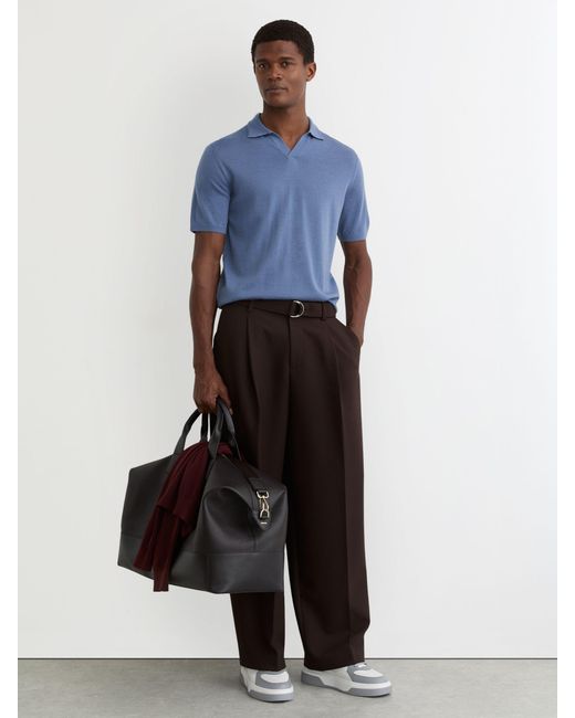 Reiss Blue Merino Wool Open-Collar Polo Shirt for men