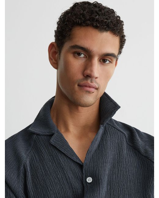 Reiss Knox - Airforce Blue Textured Raglan Cuban-collar Shirt, Xl for men
