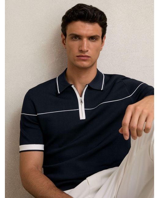 Reiss Blue Half-Zip Tipped Polo Shirt for men