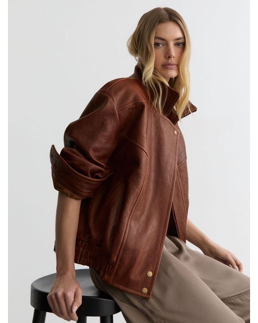 Reiss Brown Petite Textured Leather Oversized Jacket