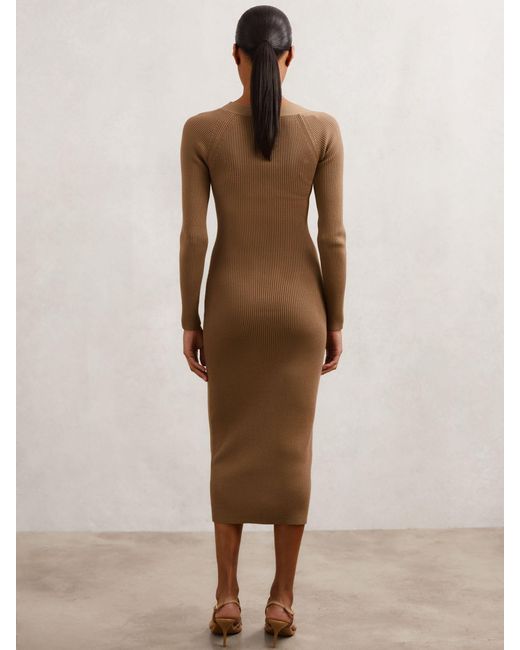 Reiss Brown Asymmetric-Neck Rib-Knit Midi Dress