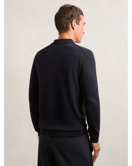 Reiss Blue Merino Wool Long-Sleeve Polo Shirt for men