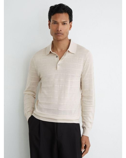 Reiss White Pallas - Ecru Check-texture Long-sleeve Polo Jumper With Wool, Xxl for men