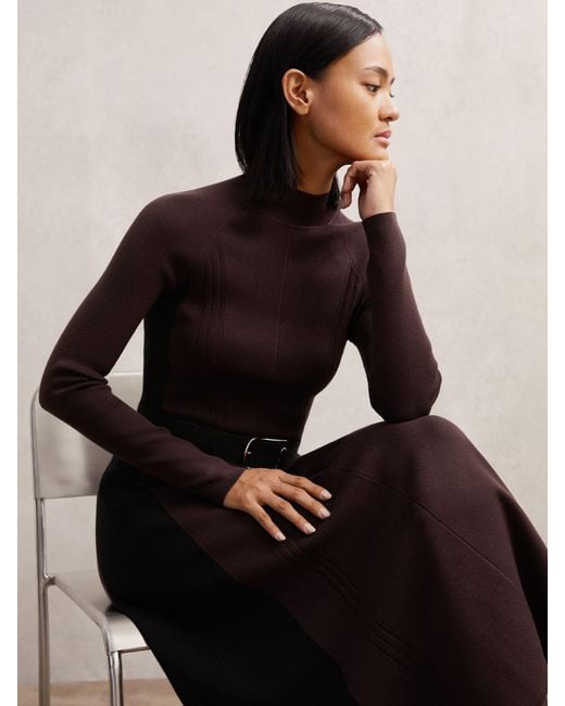 Reiss Zaya - Plum Purple/black Petite Knitted Contrast-panel Midi Dress, L (us 12-14)