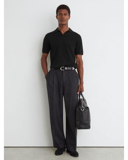 Reiss Black Merino Wool Open Collar Polo Shirt for men