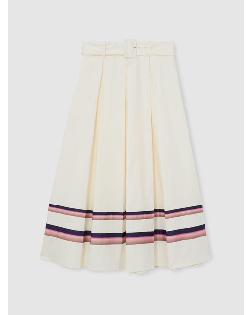 Reiss White Rian - Cream Cotton Stripe-detail Belted Midi Skirt, Us 2