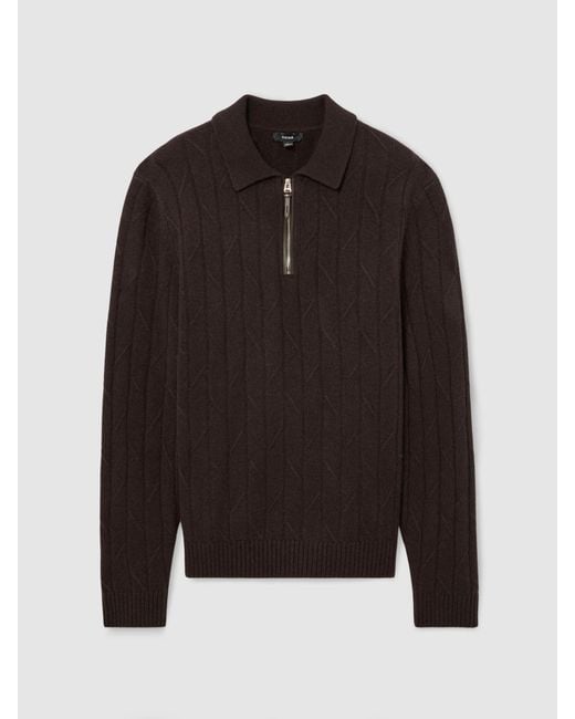 Reiss Black Wool Stitch-Detail Half-Zip Polo Jumper for men