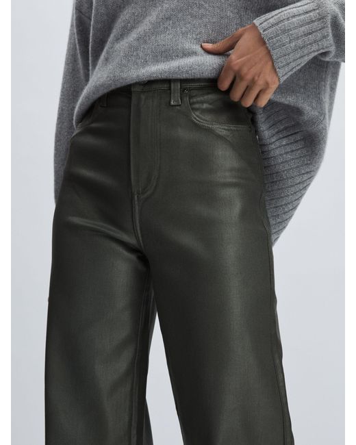 PAIGE Gray Leather-Look Wide-Leg Jeans