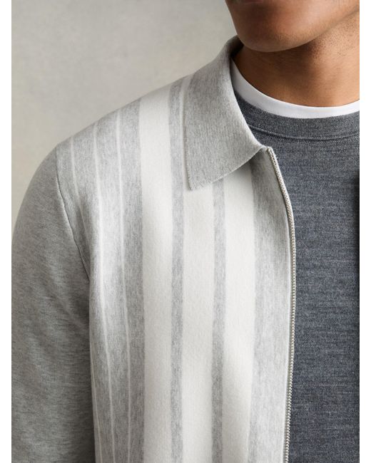 Reiss Gray Melange & Striped Zip Through Knitted Jacket for men