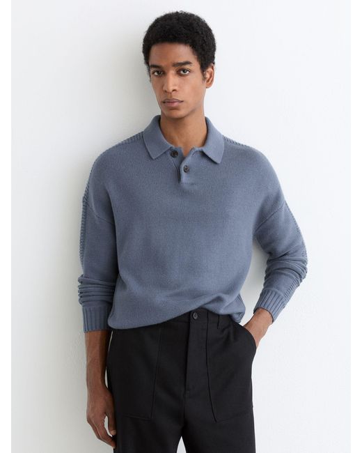 Reiss Blue Wool-Blend Half-Button Polo Jumper for men
