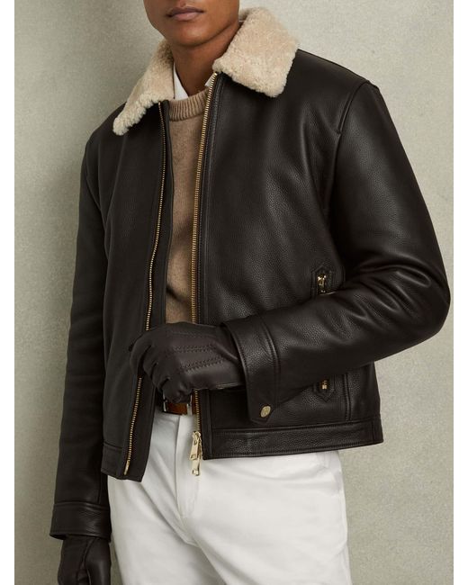 Reiss Black Leather Zip-Side Gloves for men