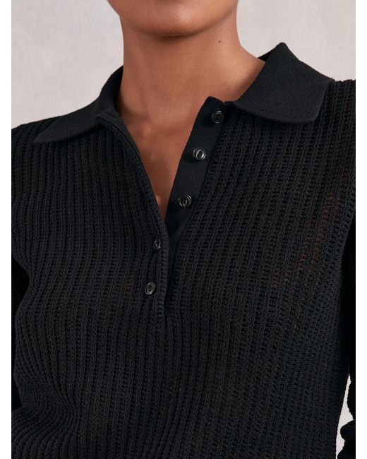 Reiss India - Black Open-knit Long-sleeve Polo Top, L (us 12-14)