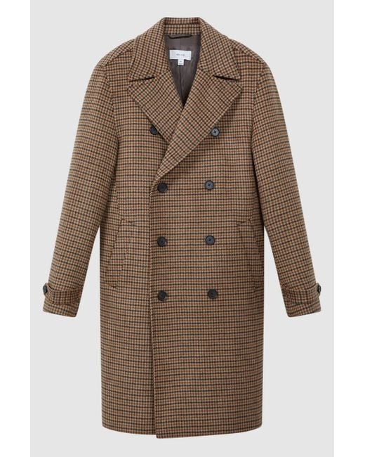Reiss Brown Unity - Camel Modern Fit Wool Blend Double Breasted Dogtooth Coat, S for men