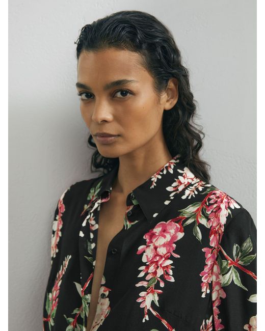 ATELIER Gray Silk-chiffon Floral-print Black Shirt