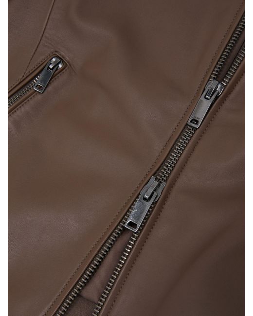 Reiss Brown Allie - Taupe Neutral Leather Collarless Biker Jacket, Us 10