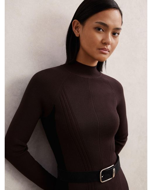 Reiss Zaya - Plum Purple/black Petite Knitted Contrast-panel Midi Dress, L (us 12-14)