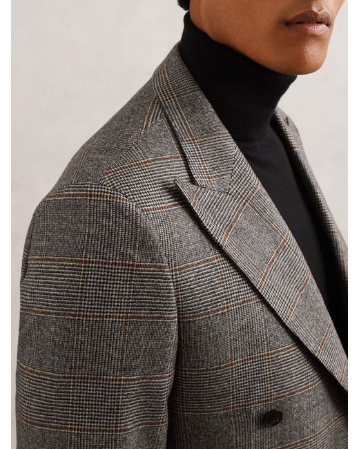 Reiss Gray Wool Double-Breasted Check Tailored-Fit Suit Blazer for men