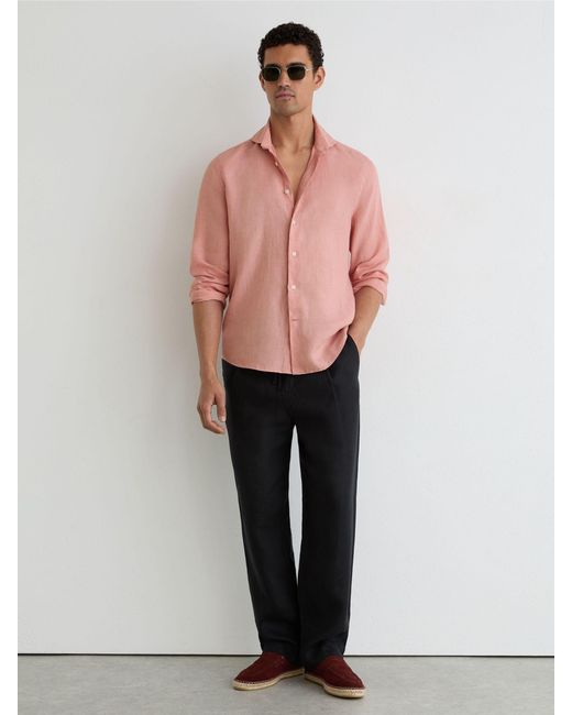 Reiss Pink Linen Cutaway-Collar Regular-Fit Shirt for men