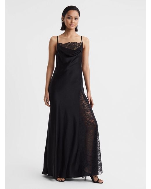 Anna Quan Black Satin Lace Cowl Neck Maxi Dress