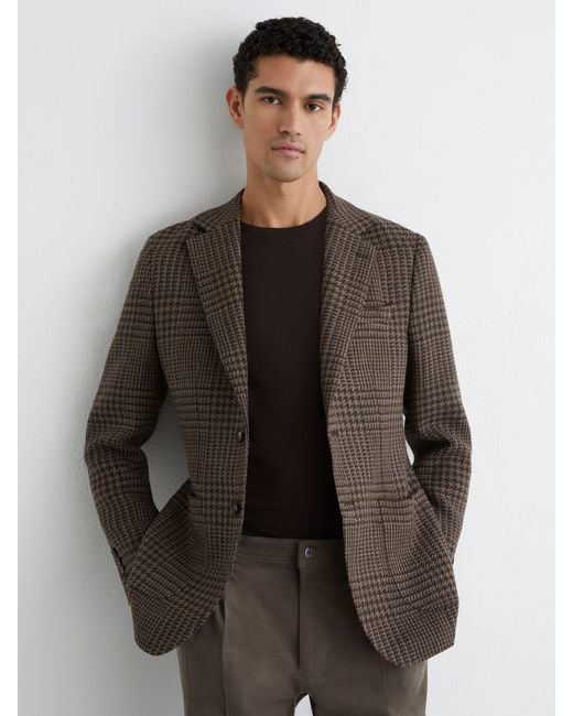 Reiss Brown Atelier Check Single-Breasted Blazer Wool Tailored-Fit for men