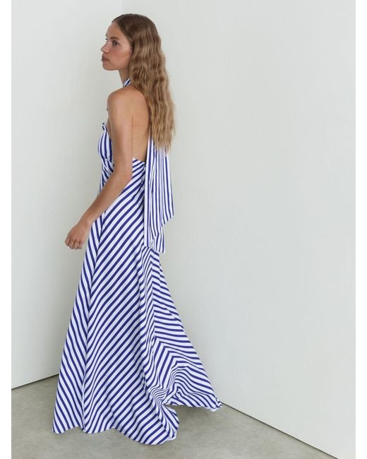 Reiss Blue Striped Halterneck Ruffle Maxi Dress