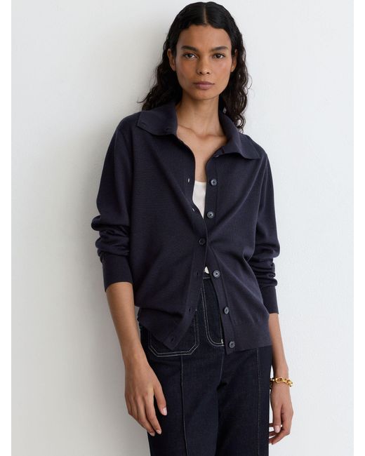 Reiss Blue Gale - Navy Merino Wool Collared Cardigan, L (us 12-14)