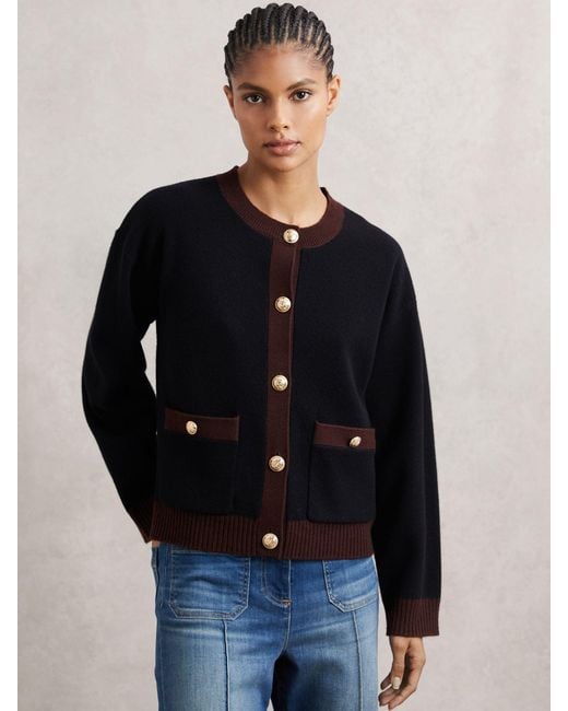 Reiss Blue Burgundy & Wool-Cashmere Tipped Cardigan