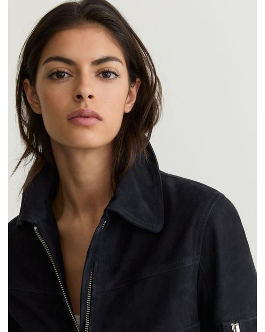 Reiss Blue Tate - Navy Suede Zip-through Jacket, Us 4