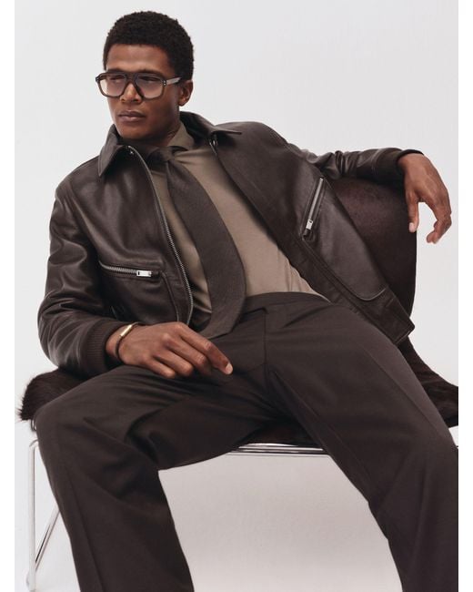 Reiss Black Burnished-Leather Zip-Through Jacket for men