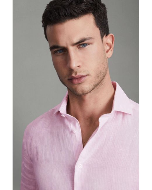 Reiss Gray Ruban - Soft Pink Fine Stripe Linen Button-through Shirt, Xl for men