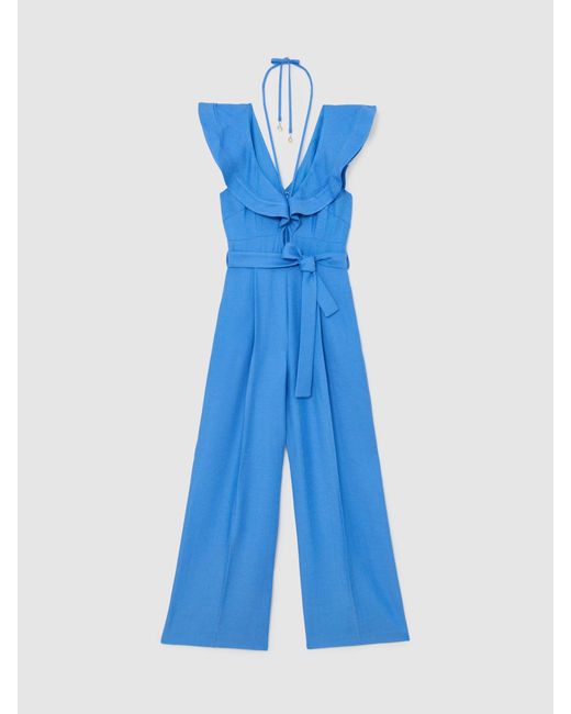 Reiss Sophia - Blue Ruffle Tie-neck Wide-leg Jumpsuit, Us 0