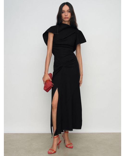 Reiss Black Asymmetric Draped Midi Dress