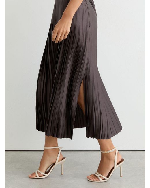 Reiss Black Petite Satin Pleated Midi Skirt