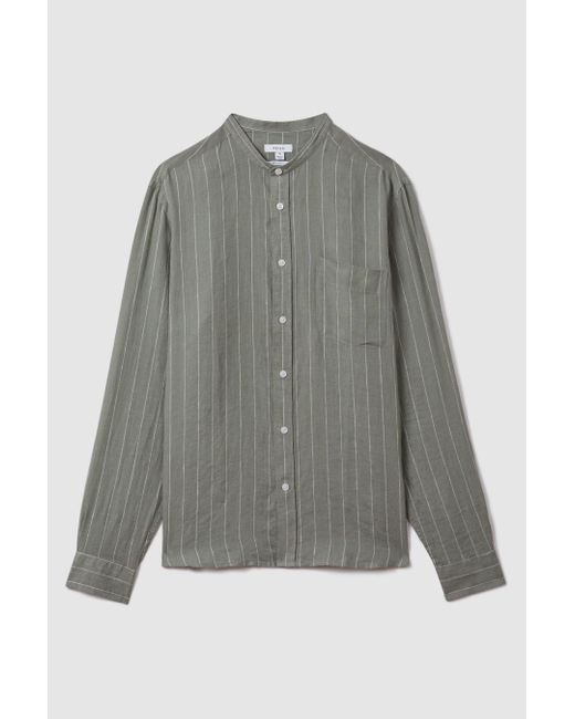 Reiss Gray Ocean - Sage Stripe Linen Grandad Collar Shirt, L for men