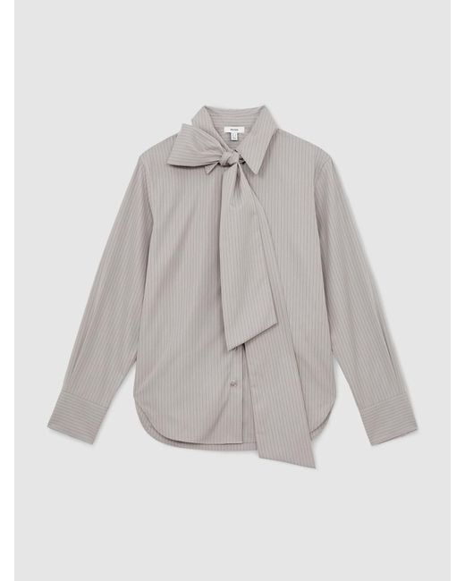 Reiss Gray Cotton Striped Tie-Neck Shirt