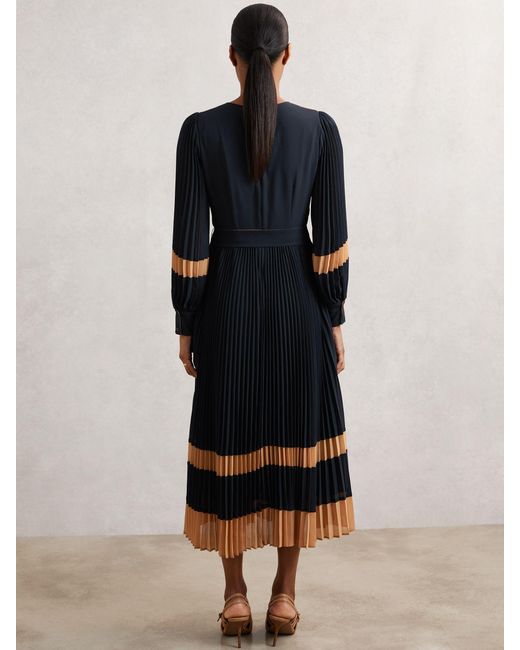 Reiss Blue Camel Colour-Block Pleated Midi Dress