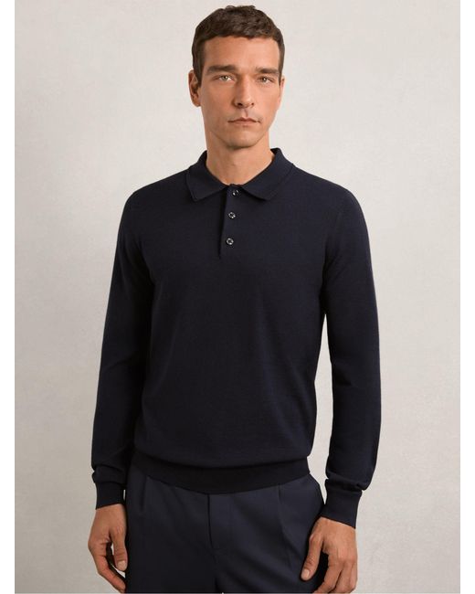 Reiss Blue Merino Wool Long-Sleeve Polo Shirt for men