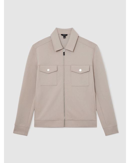 Reiss Natural Medina - Stone Premium Interlock Zip-through Overshirt, L for men