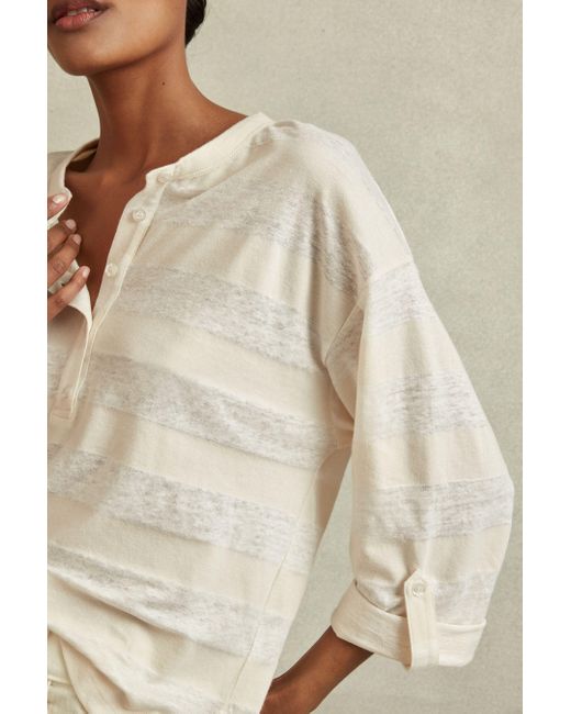 Reiss Natural Olivia - Neutral/ivory Linen-cotton Striped Henley Top, M