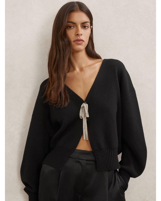 Reiss Black Wool-Blend Crystal-Bow Cardigan With Cashmere
