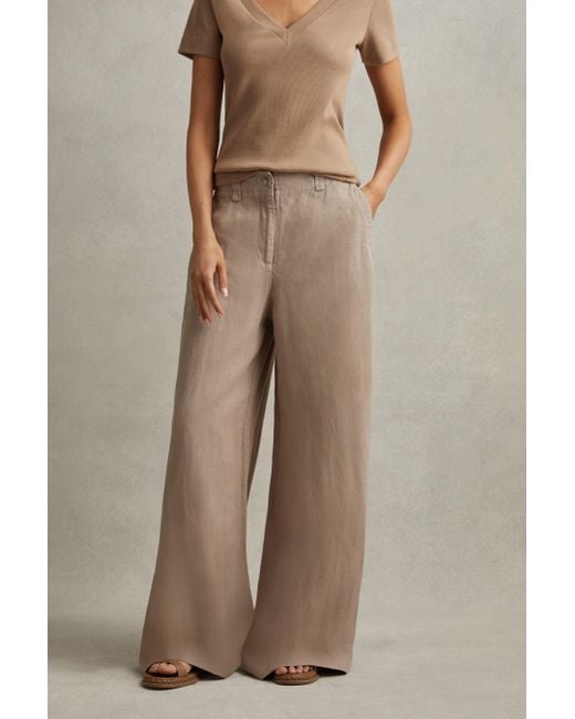 Reiss Brown Demi - Mink Neutral Linen Wide Leg Garment Dyed Trousers, Uk 8 R