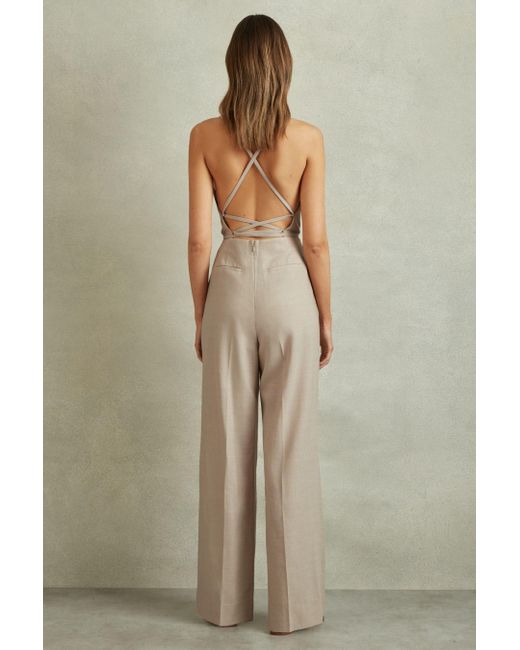 Reiss Natural Sarai - Neutral Wool Tailored Strappy Jumpsuit