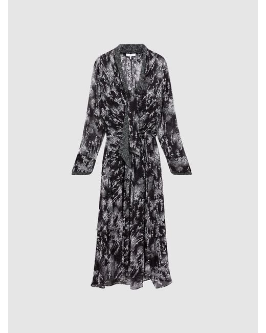Reiss Callie - Black Belted Ruffle Printed Midi Dress, Us 2