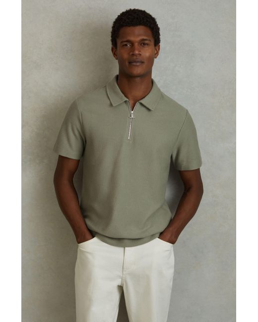 Reiss Green Felix - Pistachio Textured Cotton Half Zip Polo Shirt for men