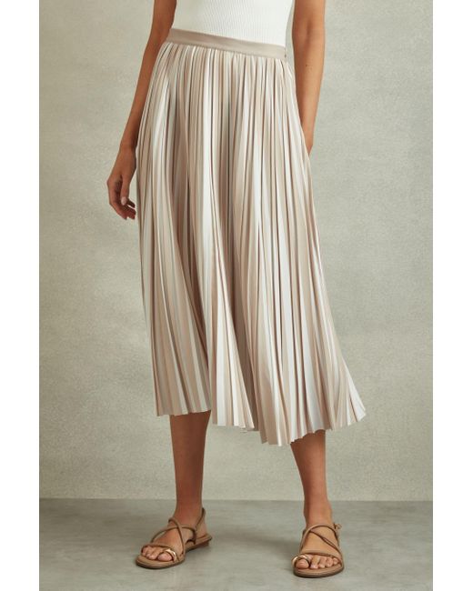 Reiss Natural Lexie - Neutral Striped Pleated Midi Skirt