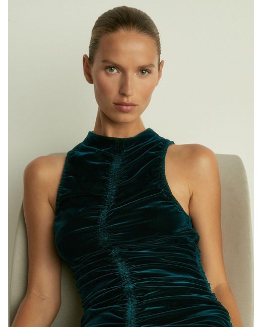 Reiss Blue Niva - Teal Racer-front Ruched-velvet Dress, Us 0