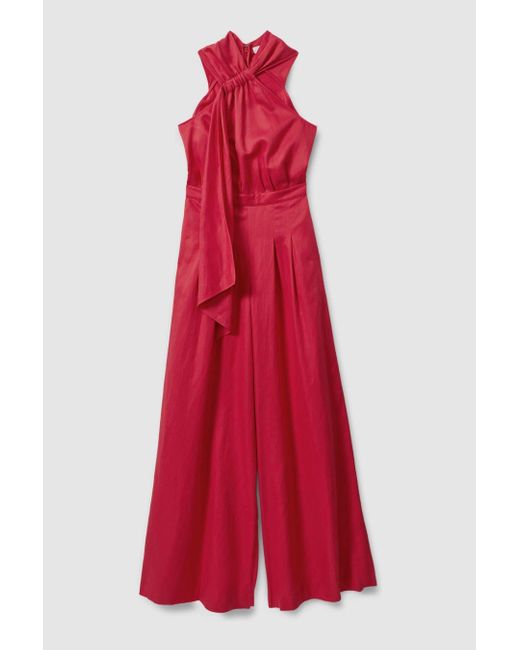 Reiss Red Selena - Coral Petite Linen Blend Drape Jumpsuit, Us 4